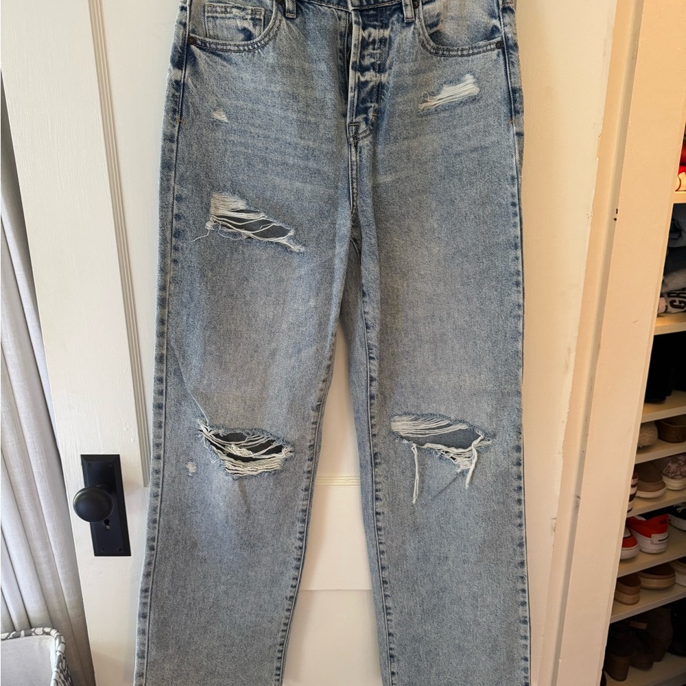 Distressed Straight Leg Jeans - Light Blue